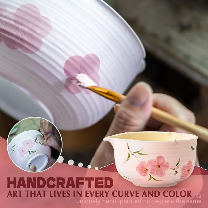 Matcha Whisk Set, 7Pcs Matcha Set with Hand-Painted Ceramic Matcha Bowl, Matcha Whisk and Holder, Scoop and Rest, Sifter, Tea Towel, Artisan Matcha Kit for Ceremony & Gifting (Pink)