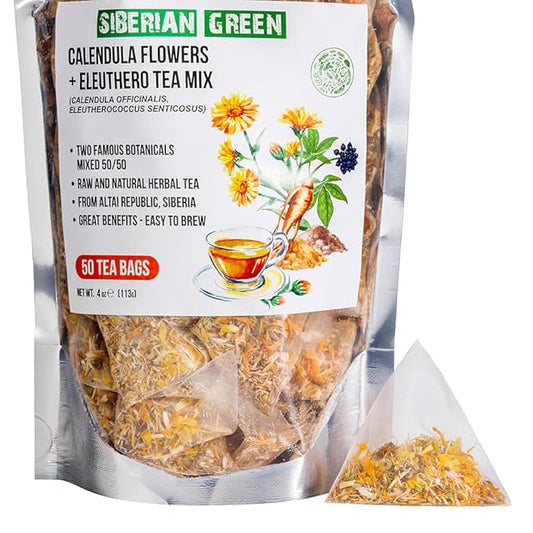 Siberian Green Ginseng Root and Calendula Flower Tea Bags – 50-Pack Herbal Tea Bags – Raw and Natural Botanical Ingredients