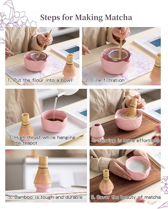 Matcha Whisk Set 9 Pcs – Matcha Bowl, Whisk, Sifter, Spoon, Gift Card ane Portable Carry Bag for Latte Travel,Gift for Matcha Lovers (Pink)