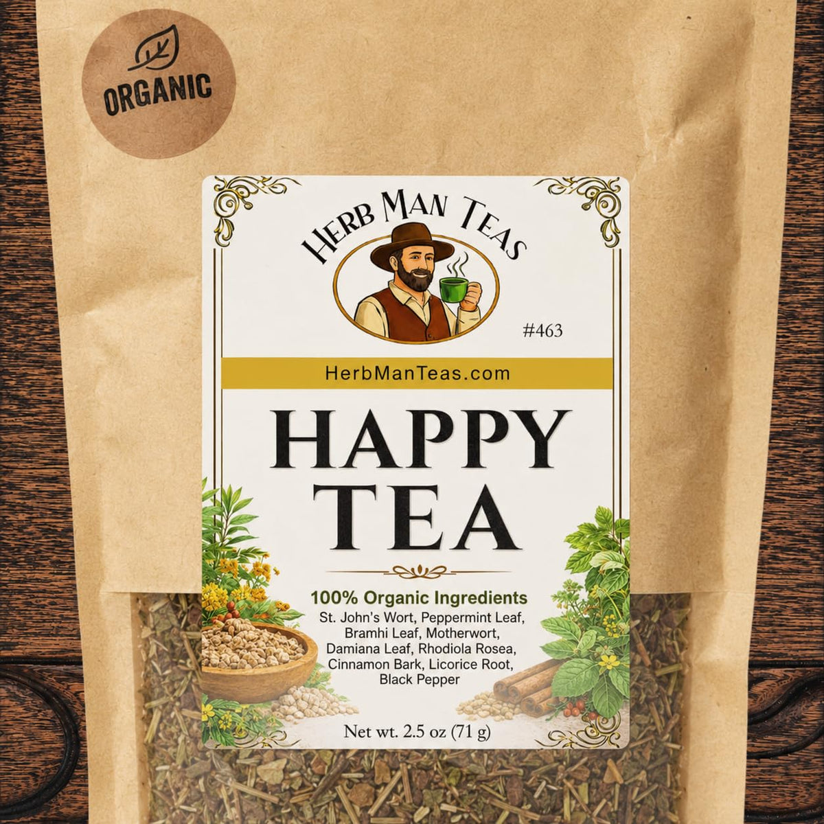 HAPPY TEA – Pleasant Feel-Good Daily Boost, Uplifting Mood Support &amp; Positive Energy with St. John’s Wort, Brahmi &amp; Rhodiola – Premium Organic Loose Leaf – Formulated by Master Herbalist