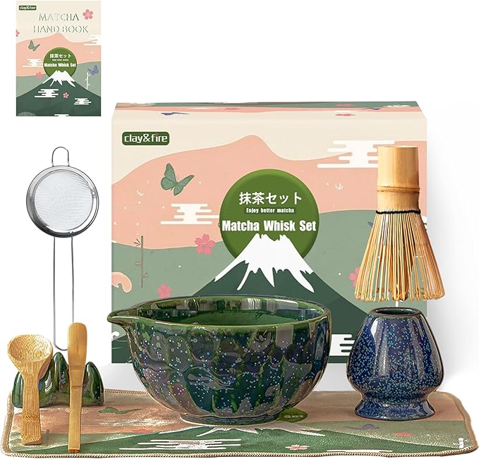 Clay&Fire Matcha Whisk Set，9 Pcs Ceramic Matcha Set, 15 OZ Matcha Bowl with Spout and Whisk for Frie