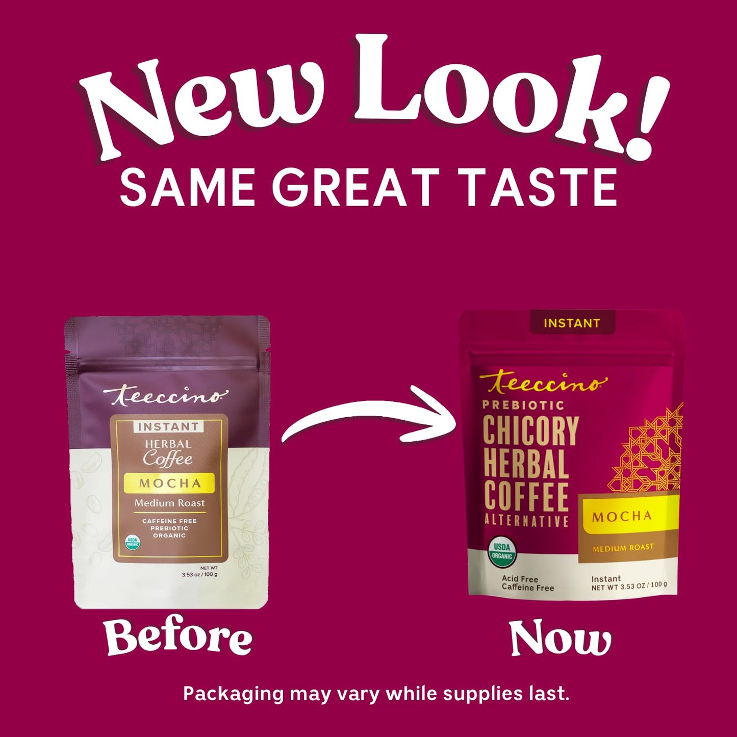 Teeccino Instant Organic Mocha Herbal Coffee - 33 servings – Instant Chicory Coffee Alternative with Lush Chocolate Slightly Sweetened by Dates That’s Prebiotic, Caffeine-Free - 3.53 Ounces
