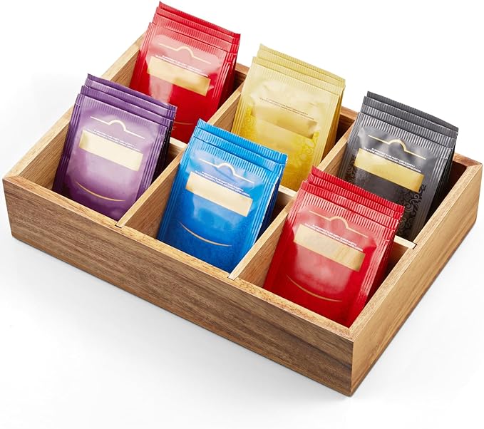 Drastar Tea Bag Organizer, Acacia Wooden Tea Bag Holder, Tea Storage Containers with 6 Slots, Sugar Packet Holder, Tea Bag Caddy Box for Countertop