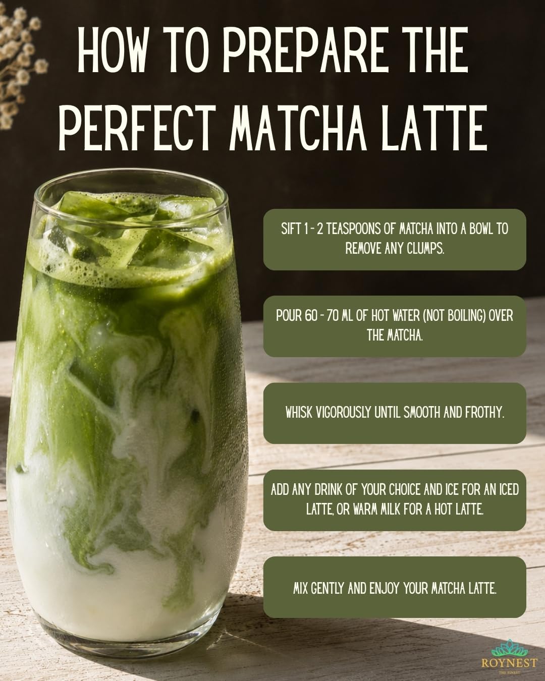 Roynest Premium Organic Matcha Powder - 50g Reseleable Pouch - 1 Pack | Ready to Mix, Pure Matcha for Iced Lattes, Smoothies, Cold Drinks &amp; Baking, Clean Energy, Non-GMO, USDA Certified Organic