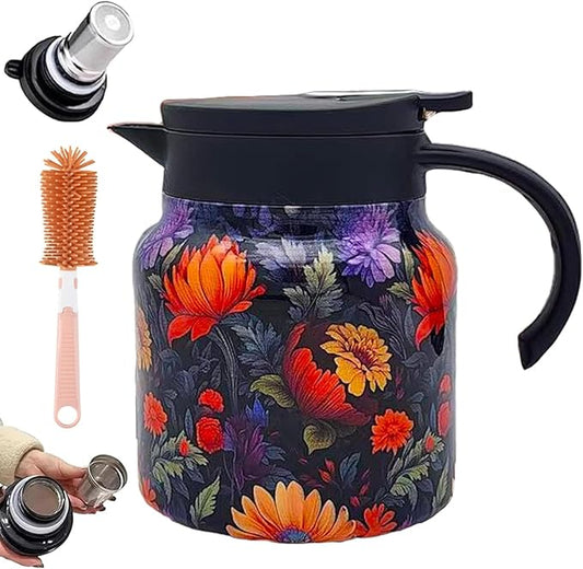 Vintage Floral Pattern Teapot – Built-In Infuser, 800ML/1000ML Heatproof Stainless Steel Teapot with Lid for Hot Drinks (Orange, 1000ml-Plastic handle)