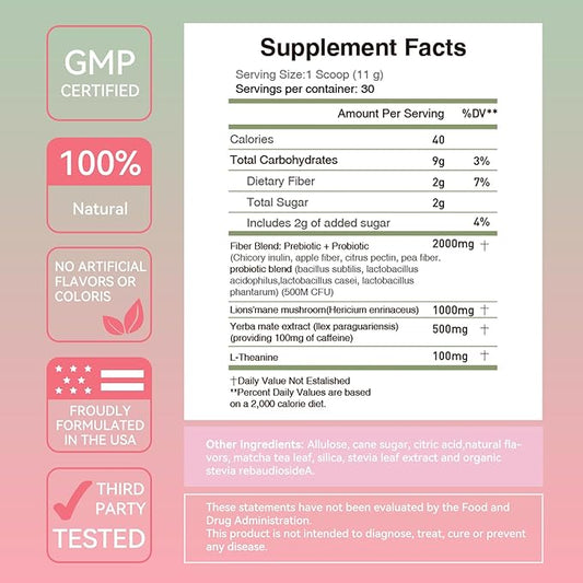 IFITKEEP Yerba Mate Strawberry Matcha Flavor - Super Yerba Instant Tea Powder, Lion’s Mane,Prebiotic & Probiotic Mix,Supports Energy, Focus and Gut Health 30 Servings.