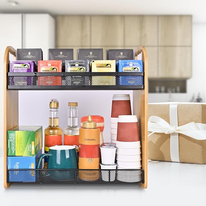 Tea Bag Organizer, Large Capacity Tea Organizer for Tea Bags, Bamboo Multi-functional Storage Coffee Bar Accessories for Home Office Kitchen Counter