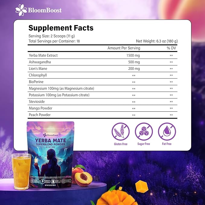 Yerba Mate Instant Tea Powder – Yerba Mate, Ashwagandha, Lion’s Mane, Chlorophyll, Peach Mango Flavor – 6.34 oz (18 Servings) – Sugar-Free, Gluten-Free, Superfood Energy & Focus Blend