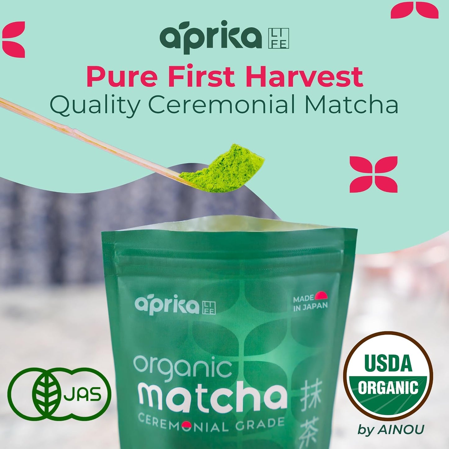 AprikaLife Organic Ceremonial Grade Matcha Powder from Japan – 3.5 oz | Authentic Japanese First Harvest Matcha, Yabukita Cultivar. No Sugar Added. USDA &amp; JAS Certified Organic. For Tea &amp; Lattes.