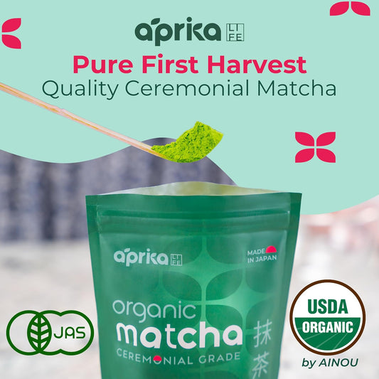 AprikaLife Organic Ceremonial Grade Matcha Powder from Japan – 3.5 oz | Authentic Japanese First Harvest Matcha, Yabukita Cultivar. No Sugar Added. USDA &amp; JAS Certified Organic. For Tea &amp; Lattes.