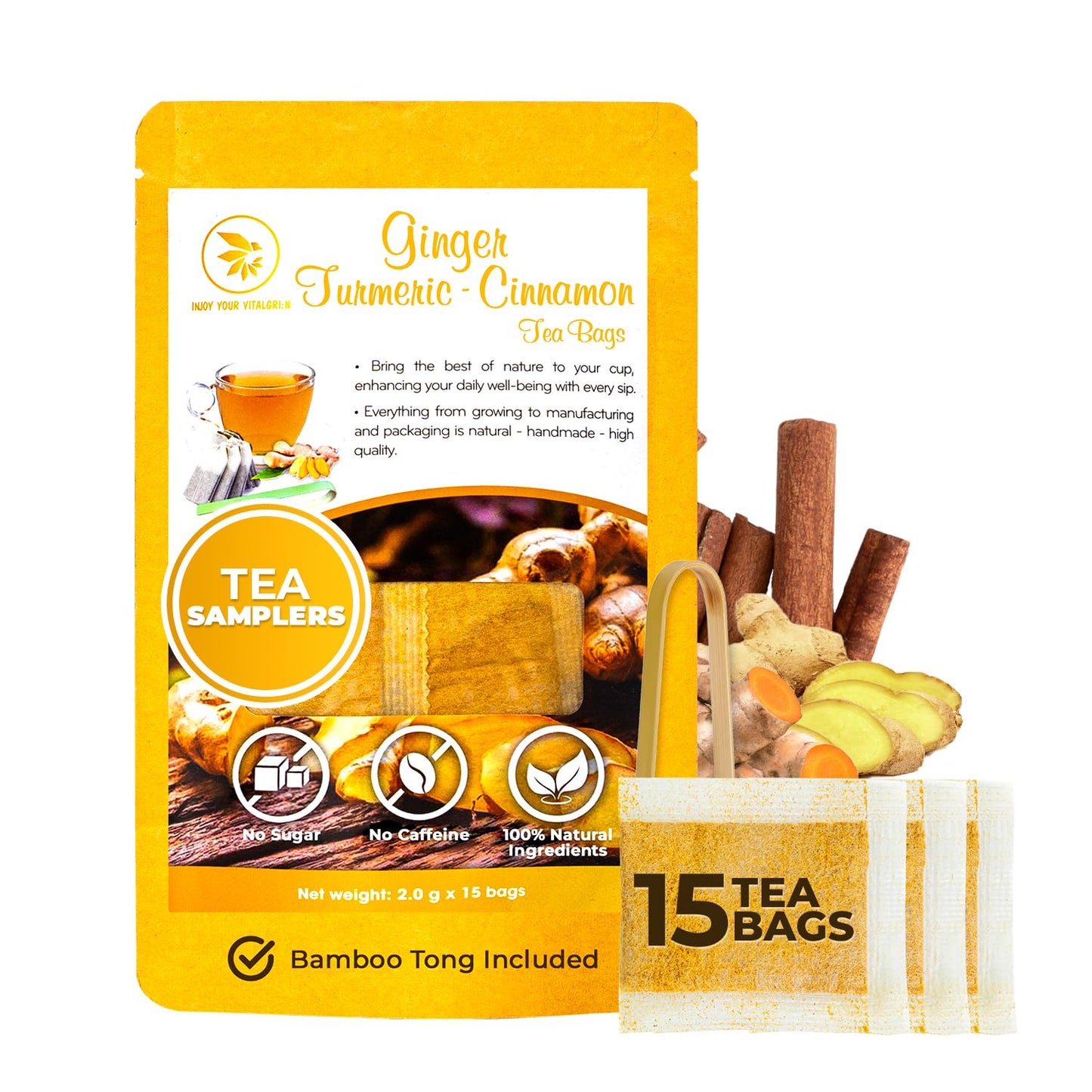 Ginger Turmeric Cinnamon Tea Bags, 55 Count, 5.47 oz | With Bamboo Tong, Re-Steep Corn Based Tea Bags, No Sugar Added, Natural Herbal Tea for Body Warm, Relax, Refreshing