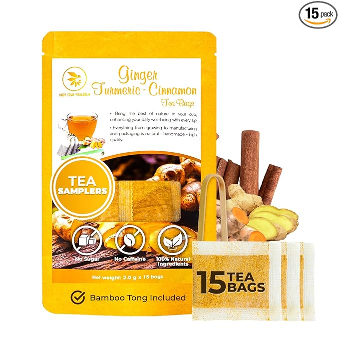 Ginger Cinnamon Turmeric Tea Samplers - 15 Count, Mini Tea Bags, Bamboo Tong Included, Re-Steep Corn Based Tea Bags, No Sugar Added