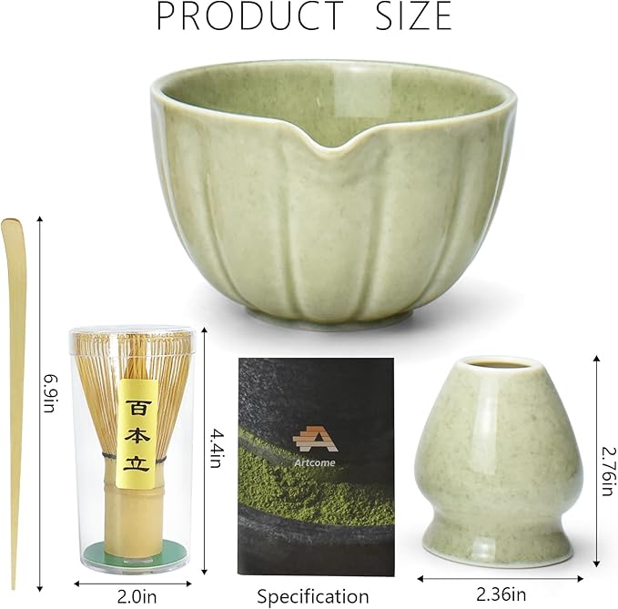 Artcome 4 Pcs Japanese Matcha Tea Set - Matcha Bowl with Pouring Spout, Matcha Whisk, Tea Scoop, Whisk Holder, Handmade Matcha Ceremony Kit For Japanese Tea Ceremony, Mottled Green