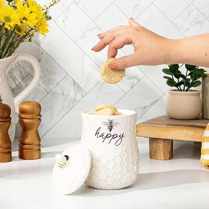 Young's Inc. Ceramic Honey Bee Cookie Jar with Lid and Handle – Honeycomb Design, 5.75" x 5.83" x 7.87", Decorative and Functional Kitchen Storage