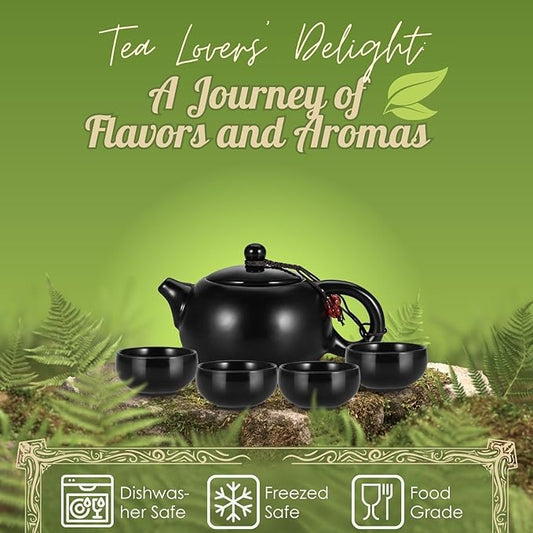 Flexzion Chinese Japanese Vintage Kungfu Gongfu Tea Set Portable Travel Teapot, (Matte Black) Porcelain Ceramic Tea Pot, 4 Tea Cup, Bamboo Tea Tray