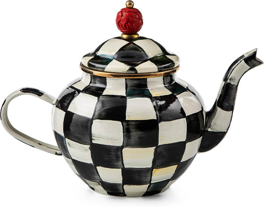 MACKENZIE-CHILDS Enamel Teapot, 4 Cups, Black-and-White Courtly Check | Hand-painted design, small teapot with lid for steeping and serving tea, 9" W x 7" H