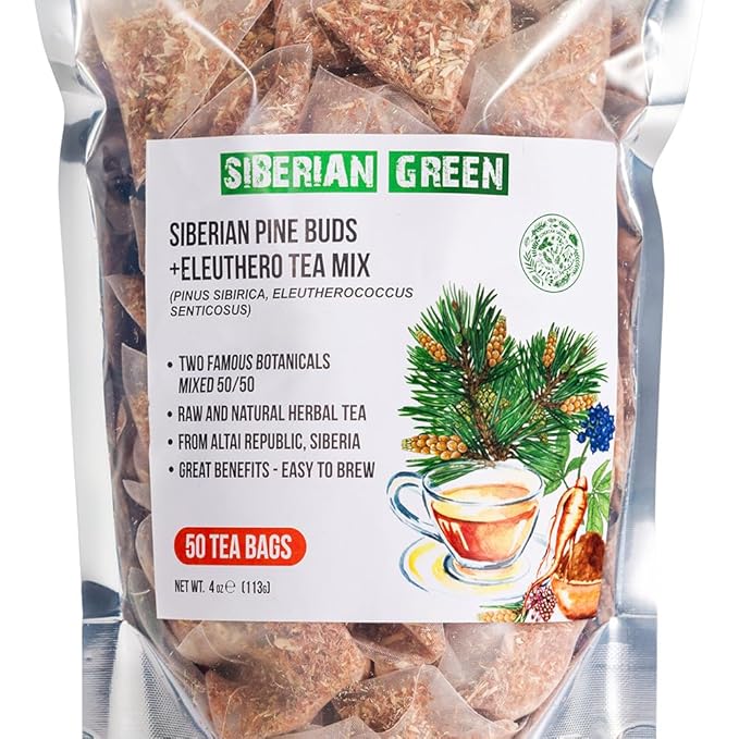 Siberian Green Ginseng Root Tea with Siberian Pine Tree Buds – 50-Pack Herbal Tea Bags – Pure and Natural Botanical Pine Eleuthero Ingredients