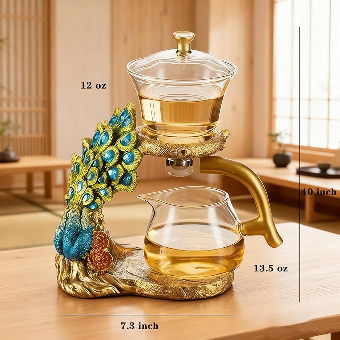 Lazy Kungfu Glass Tea Set Heat Resistant Semi Automatic Drip Rotating with Infuser Magnetic Teapot Set for Gongfu Tea Making Ideal (Peacock)