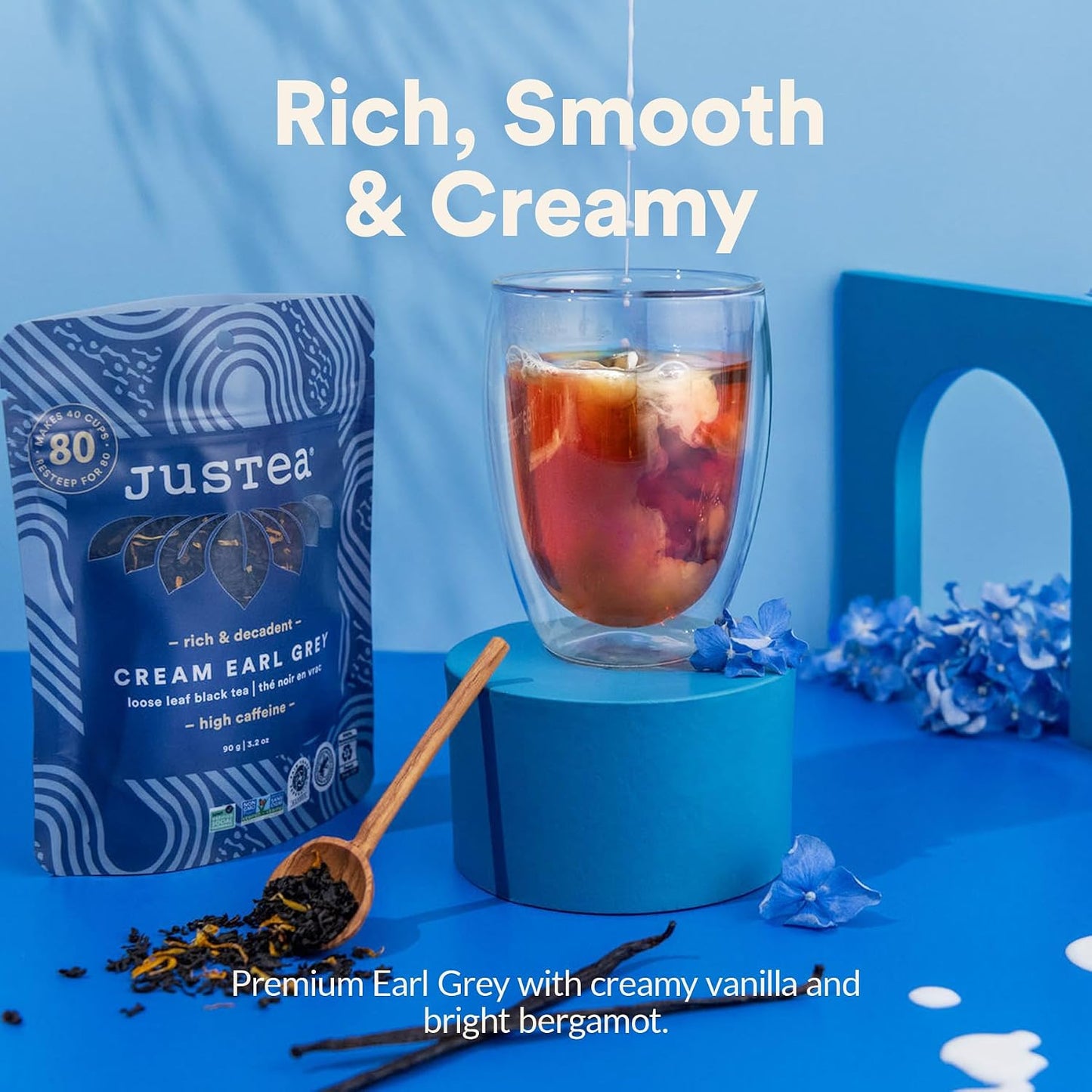 JusTea CREAM EARL GREY Loose Leaf Black Tea, 40+ Cups Pouch, 4/5 Caffeine | Fair-Trade CREAM EARL GREY Loose Leaf Black Tea. 90g/3.2oz Resealable Pouch. Steeps 40+ cups. 4/5 Caffeine. Organic.