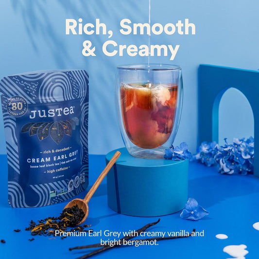 JusTea CREAM EARL GREY Loose Leaf Black Tea, 40+ Cups Pouch, 4/5 Caffeine | Fair-Trade CREAM EARL GREY Loose Leaf Black Tea. 90g/3.2oz Resealable Pouch. Steeps 40+ cups. 4/5 Caffeine. Organic.