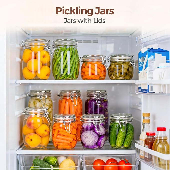 ComSaf 25oz Airtight Glass Canisters with Lids Set of 6, Round Food Storage Jar Container with Clamp Lids for Kitchen Canning Cereal Coffee Pasta Sugar Beans Spice, Clear Mason Jars with 12 Labels