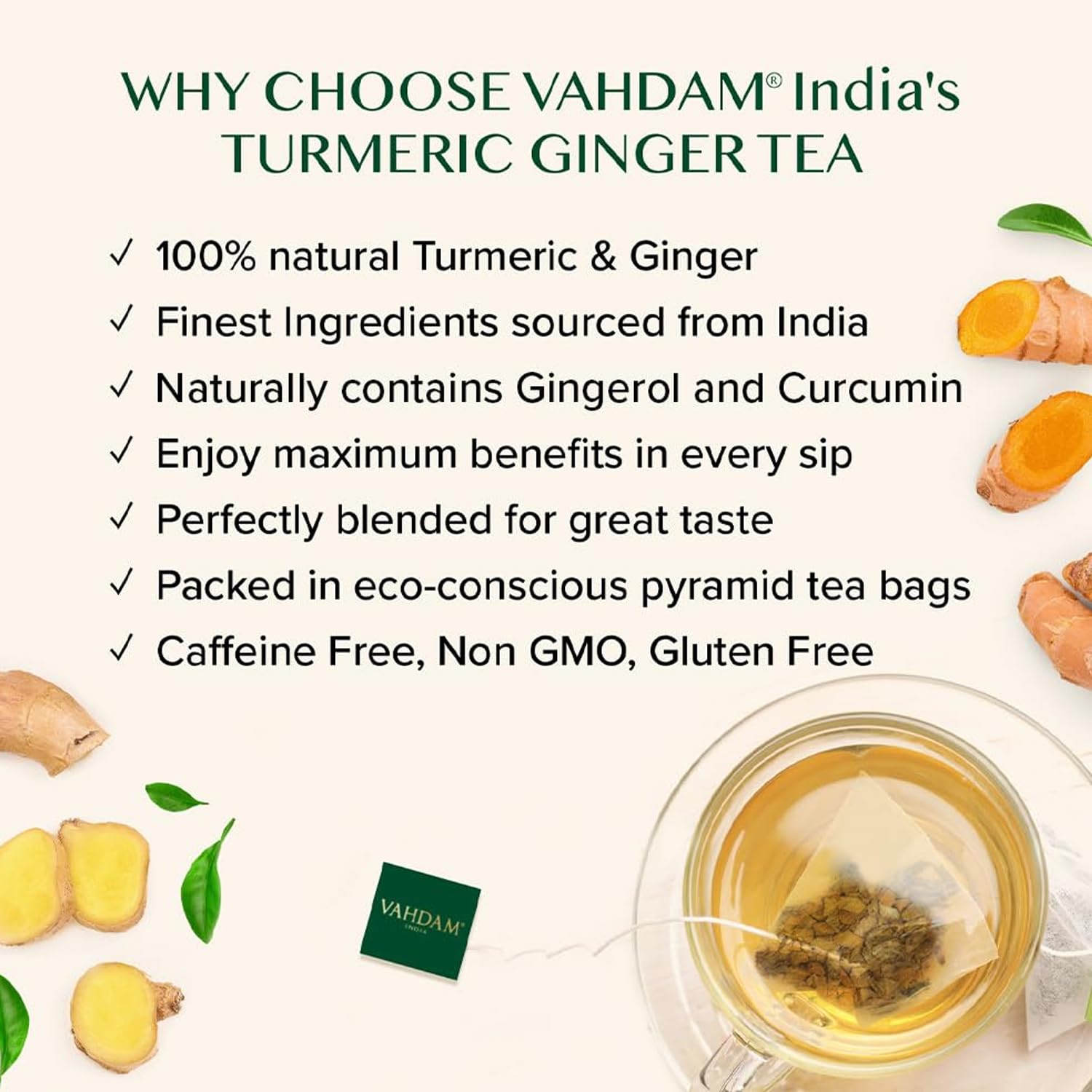 VAHDAM Organic Turmeric Ginger Herbal Tea Bags (100 Pyramid Tea Bags) Caffeine Free, Non GMO | 100% Pure Herbal Blend - Savory & Spicy, Plant-Based Teabags | Resealable Ziplock Pouch
