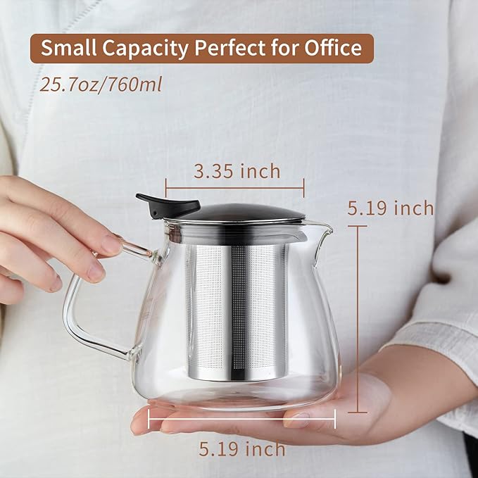 Glass Teapot Tea Pot with Removable Stainless Steel Infuser, 25oz / 760ml Borosilicate Glass Tea Kettle for Office Work
