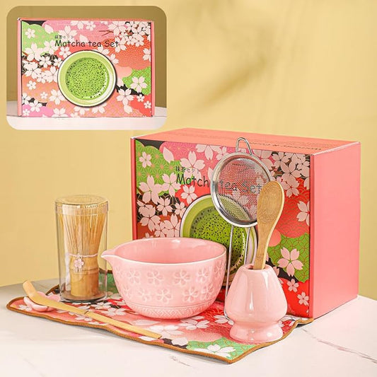 8-Piece Matcha Ceremony Set - Tea Kit with Cherry Blossom Bowl, Bamboo Whisk, Wood Scoops, Tea Cloth & Floral Display