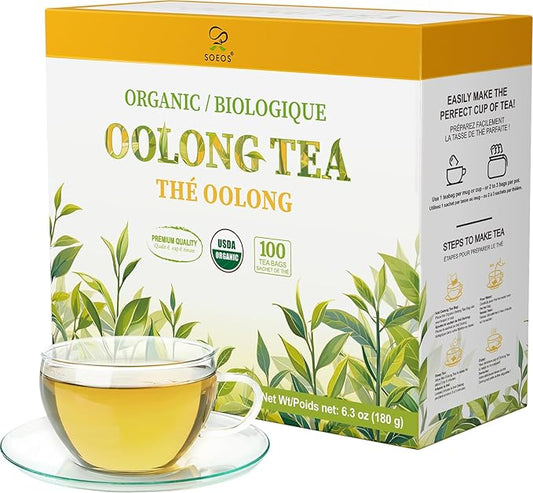 Soeos Organic Oolong Tea, 100 Tea Bags, Low Caffeine, Hot and Cold Brew, Fresh and Healthy Oolong Tea, 6.3 Ounce
