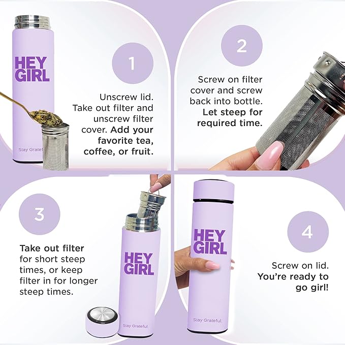 Hey Girl Tea Infuser Bottle 450ml - Insulated Stainless Steel Water Bottle - Tea Tumbler with Tea Diffuser