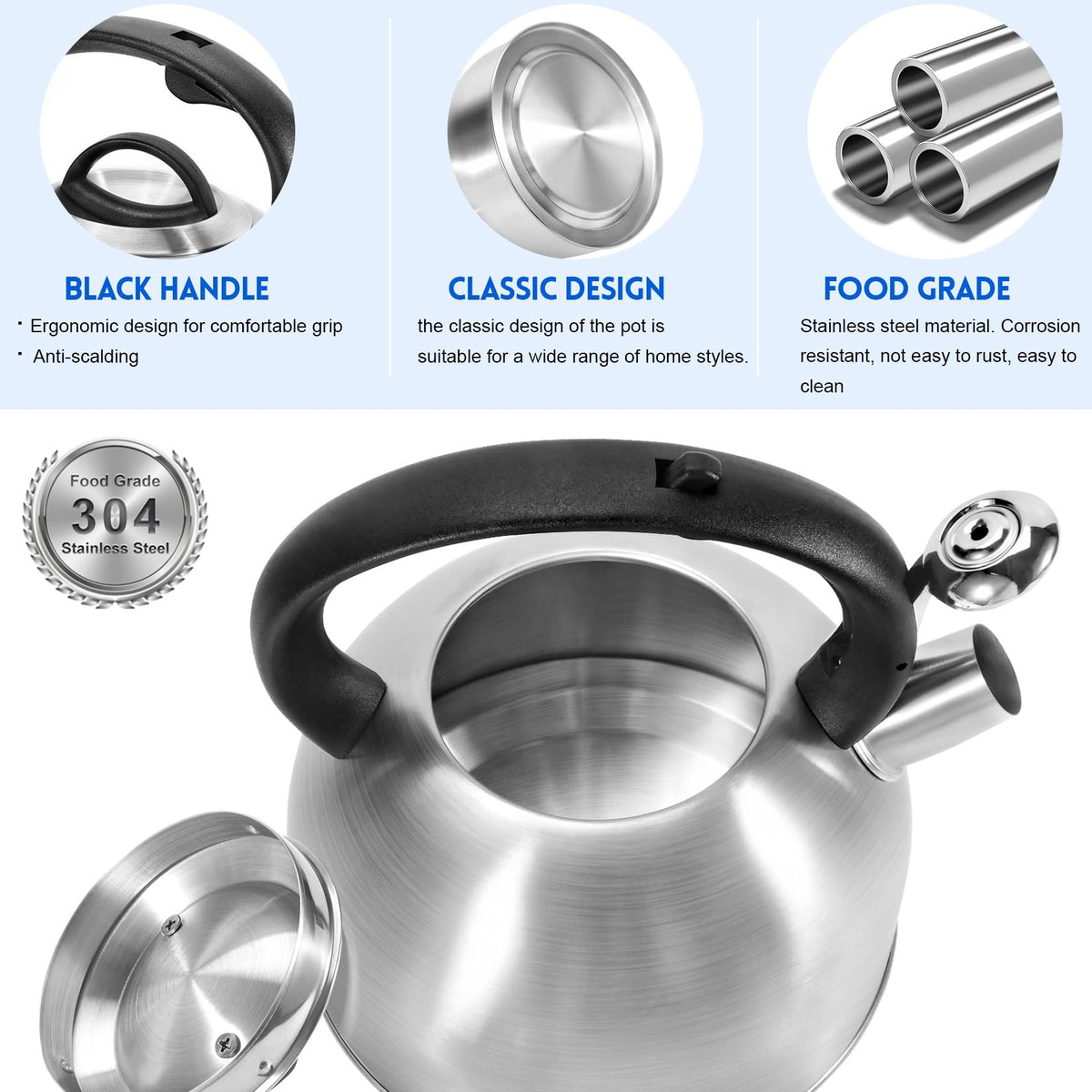 GGC Whistling Stove Top Tea Kettles, 304 Stainless Steel Tea Kettles with Anti-Heat Handle, 3.1QT/3L Tea Pot for Boiling