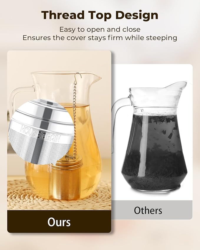 House Again 2 Pack Tea Strainers for Loose Tea, Extra Fine Mesh Tea Infusers, 304 Stainless Steel with Extended Chain Hook, Loose Leaf Tea Steeper