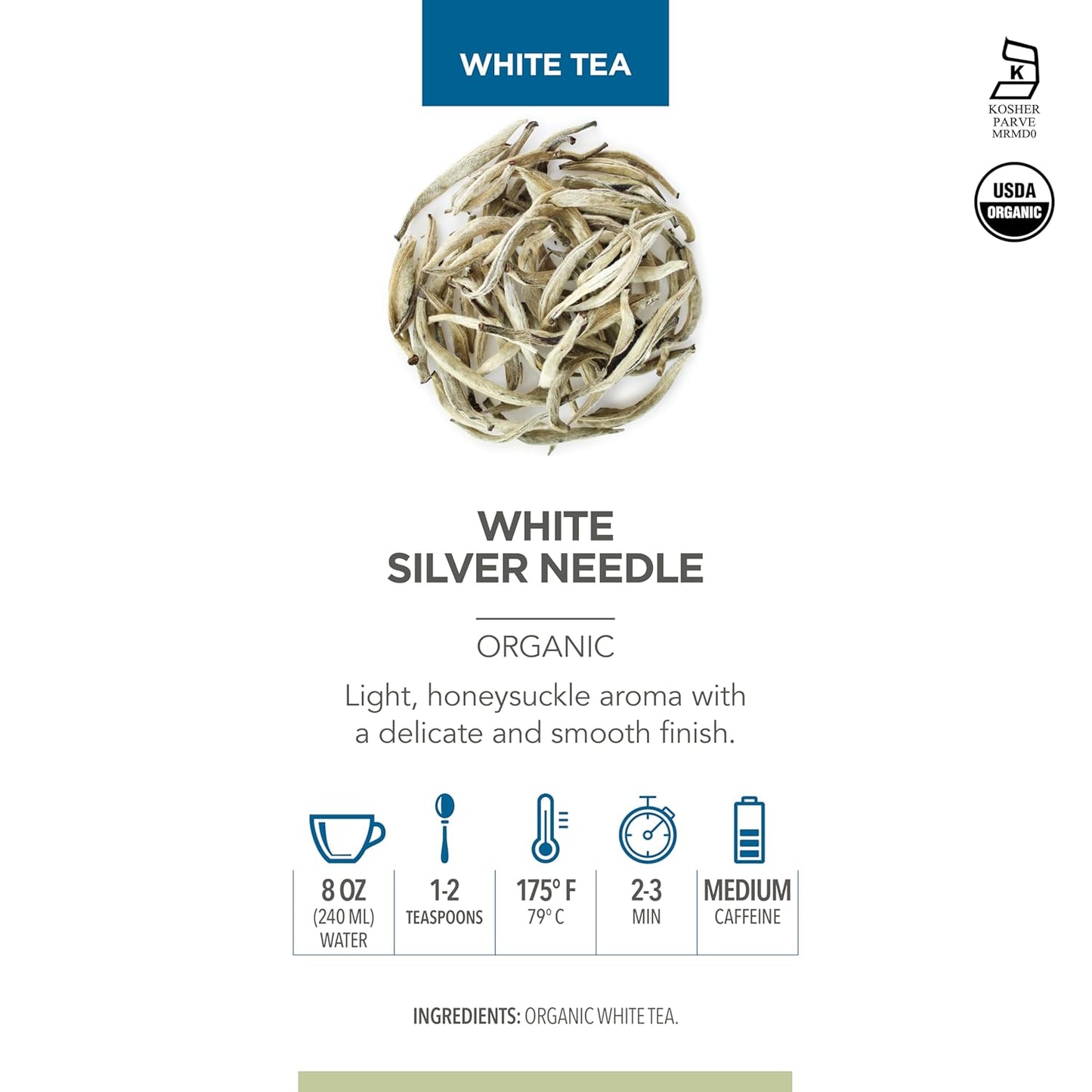 Teabloom Organic White Silver Needle Loose Leaf Tea, Rare USDA Certified Organic & Kosher White Tea With Delicate Honeysuckle Notes, 2.12 oz/60 g Canister Makes 35-50 Cups