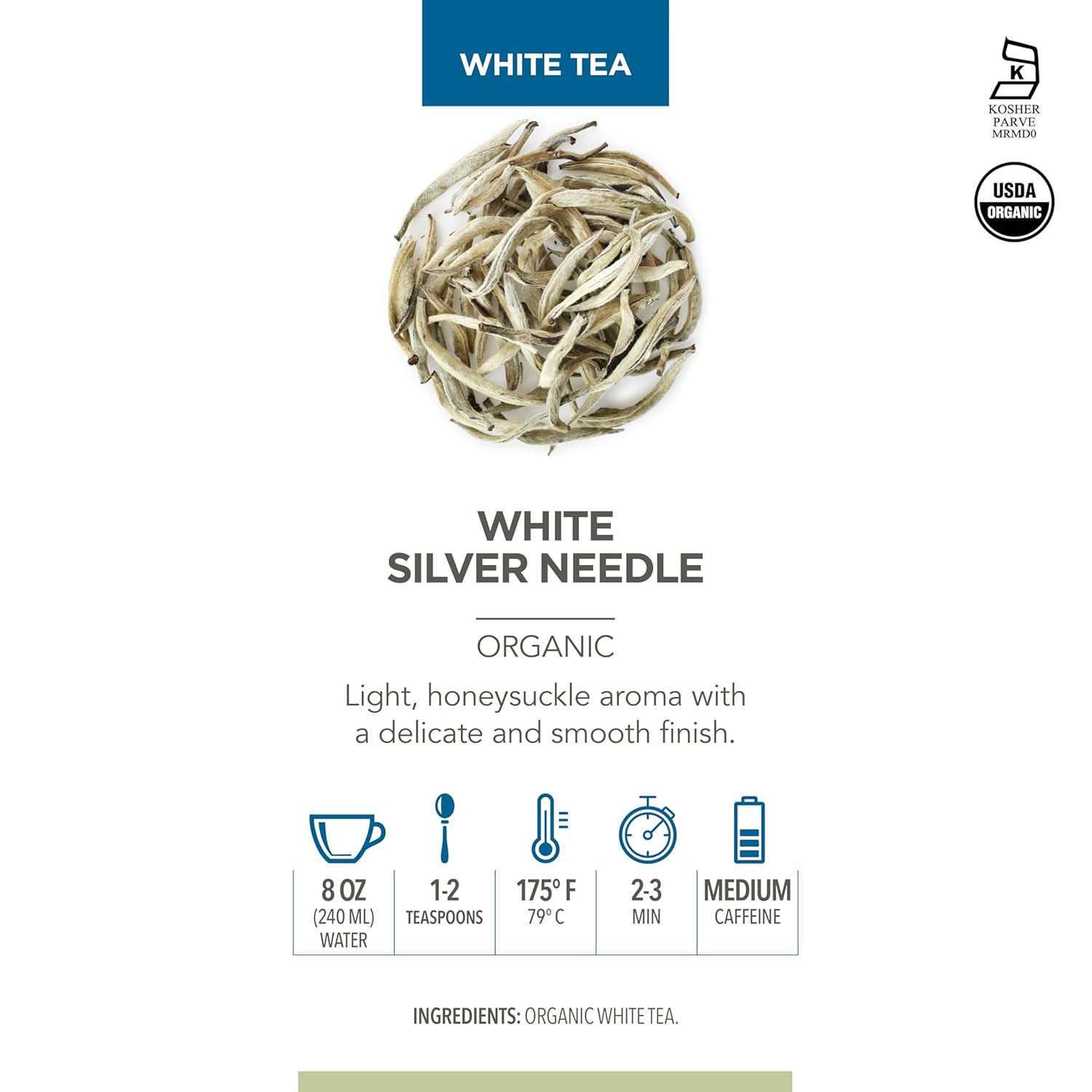 Teabloom Organic White Silver Needle Loose Leaf Tea, Rare USDA Certified Organic & Kosher White Tea With Delicate Honeysuckle Notes, 2.12 oz/60 g Canister Makes 35-50 Cups