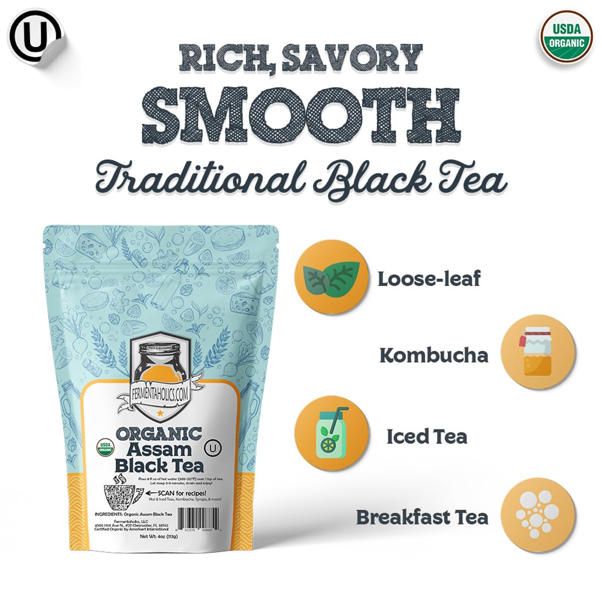 Fermentaholics Assam Black Tea – 4 oz – USDA Certified Organic Loose Leaf – OU Kosher – Ideal For Brewing Kombucha