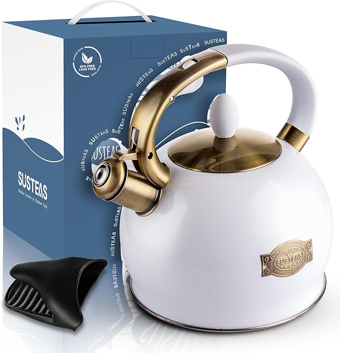 SUSTEAS Stove Top Whistling Tea Kettle - Food Grade Stainless Steel Teakettle Teapot with Cool Touch Ergonomic Handle, With 1 Silicone Pinch Mitt Included, 2.64 Quart(WHITE)