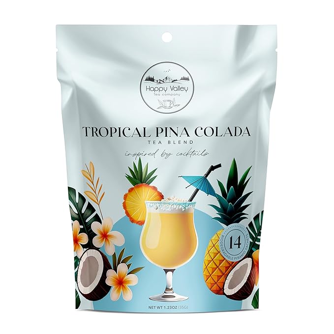 Tropical Pina Colada White Tea Blend by Happy Valley Tea Company – 14- Satchel – Cocktail-Inspired – Enjoy it HOT, Iced, or Mocktail. Coconut