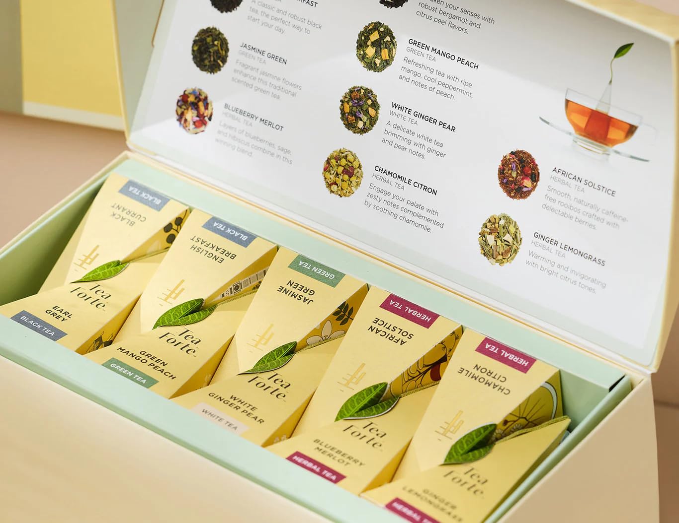 Tea Forte Tea Sampler, 20 Pyramid Infuser Bags, Premium Tea Gift Set | Assorted Tea Presentation Box, 2 of Each Blend, Individually Wrapped, Giftable Presentation Box for Tea Lovers