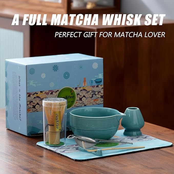 Clay&Fire Matcha Whisk Set, Ceramic Matcha Set, Matcha Bowl with Spout and Whisk, 9 pcs Matcha Tea Kit for Matcha Lovers, Ideal Gift Christmas