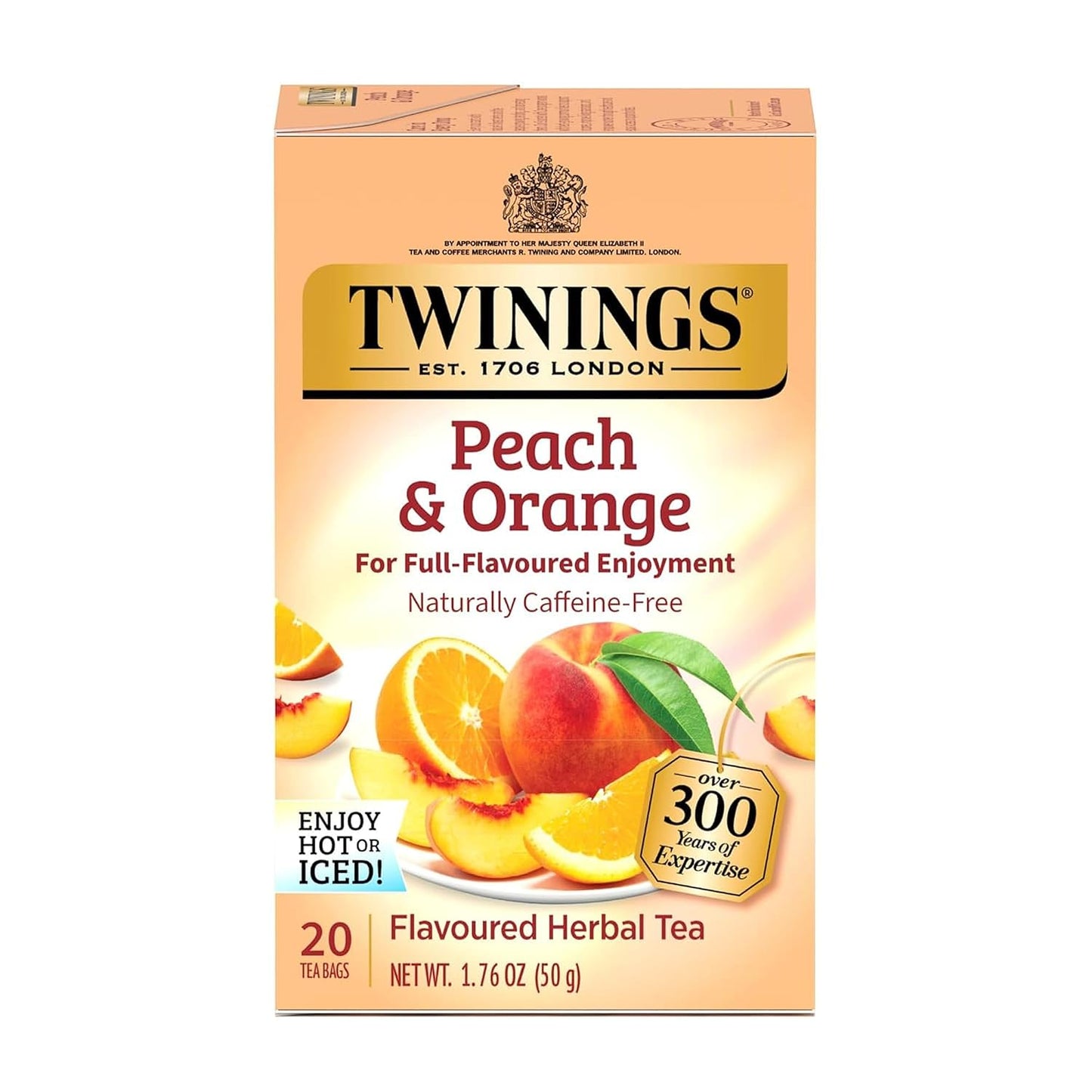 Twinings Peach &amp; Orange Herbal Caffeine-Free Tea Bags, 20 CT Box (1 Pack) | Sweet &amp; Zesty, White Hibiscus, Rosehips, Naturally Caffeine-Free, 20 Foil Lined Individually Wrapped Bags, Enjoy Hot or Iced