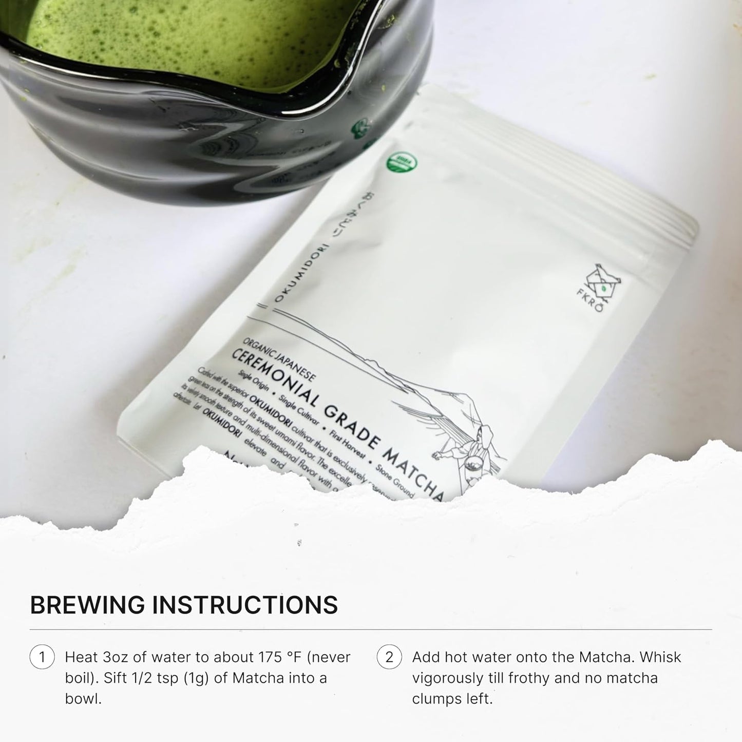 FKRO Organic Ceremonial Grade Matcha Green Tea Powder | 1st Harvest, Single Origin, Single Okumidori Cultivar | Sugar-free | Flown in Fresh from Japan Every Month (30g/1.06oz) Pouch