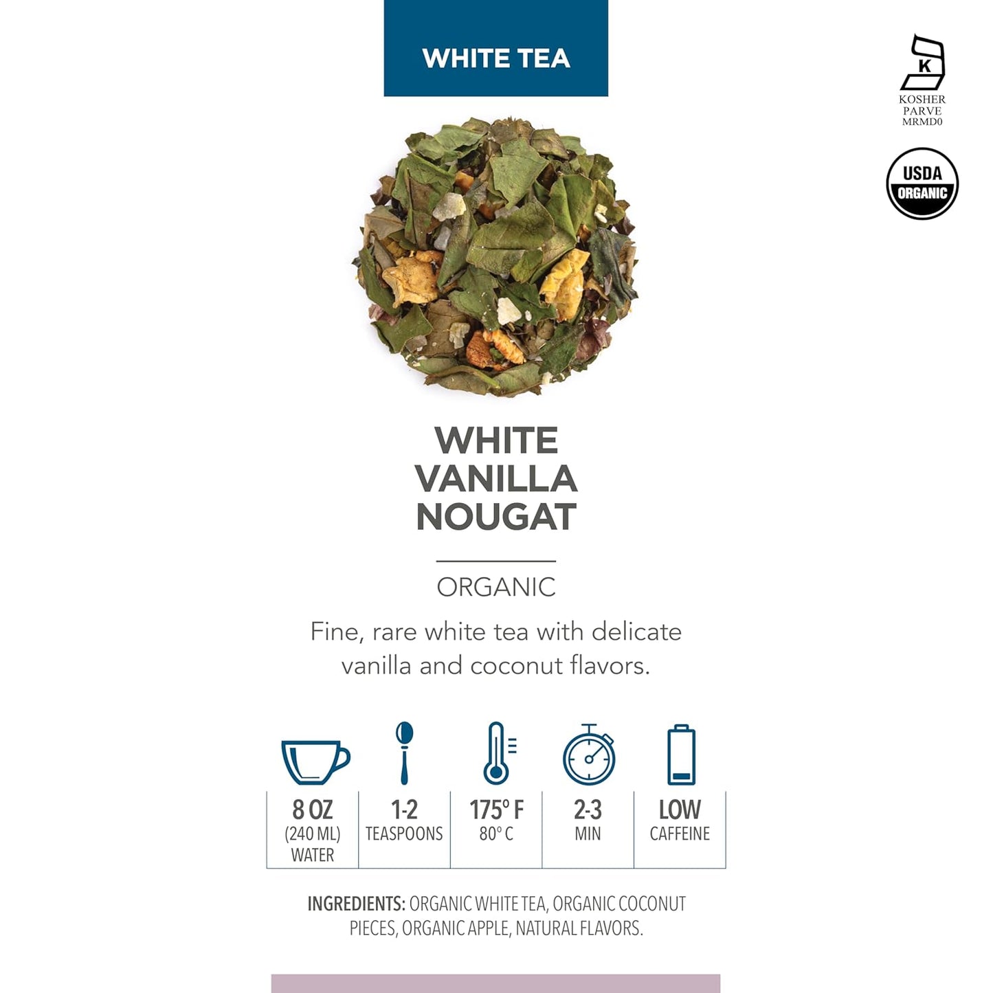 Teabloom Organic White Tea, White Vanilla Nougat Loose Leaf Tea, Sweet and Satisfying with Vanilla and Coconut, USDA Certified Organic and Kosher Certified, 1.41 oz/40 g Canister Makes 35-50 Cups