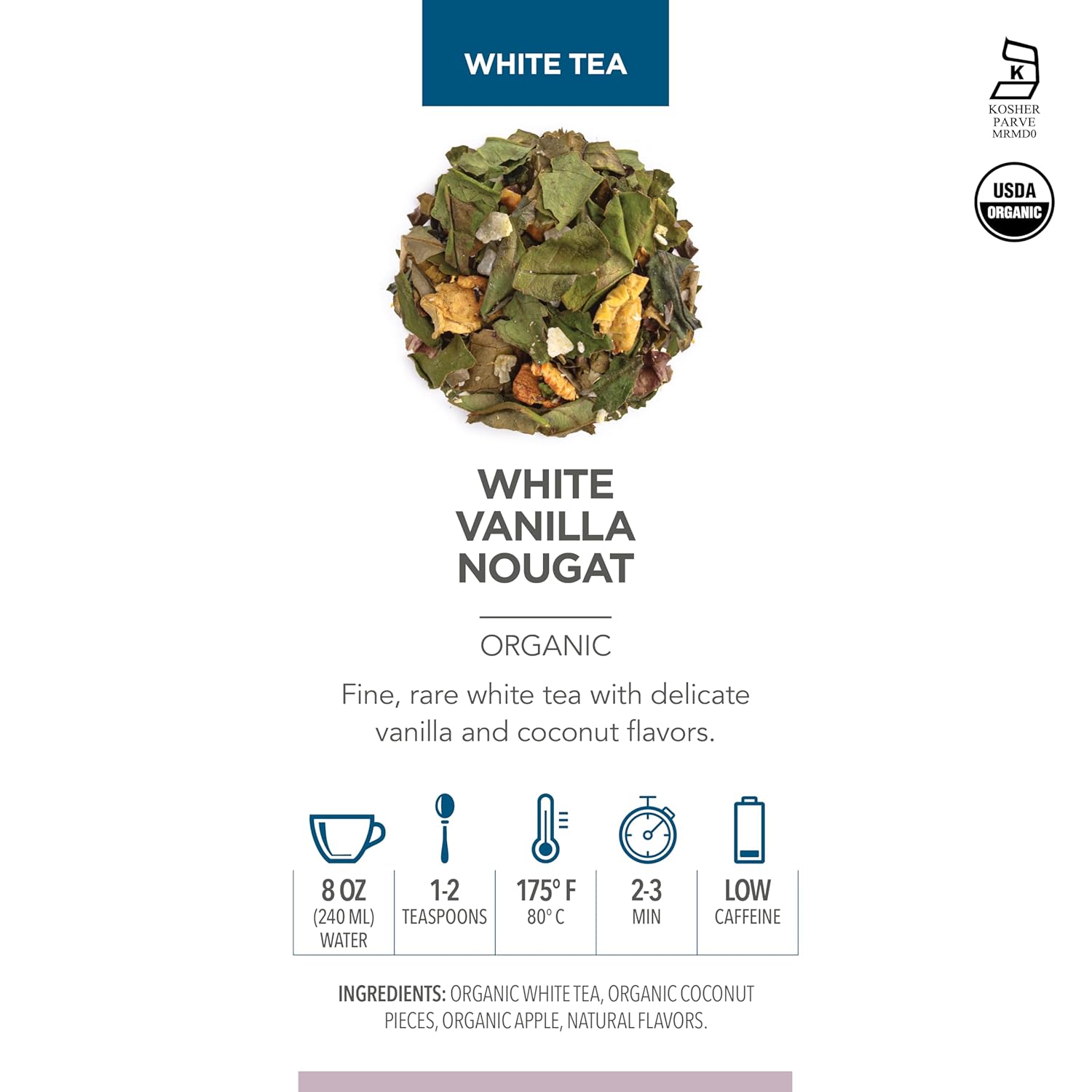 Teabloom Organic White Tea, White Vanilla Nougat Loose Leaf Tea, Sweet and Satisfying with Vanilla and Coconut, USDA Certified Organic and Kosher Certified, 1.41 oz/40 g Canister Makes 35-50 Cups