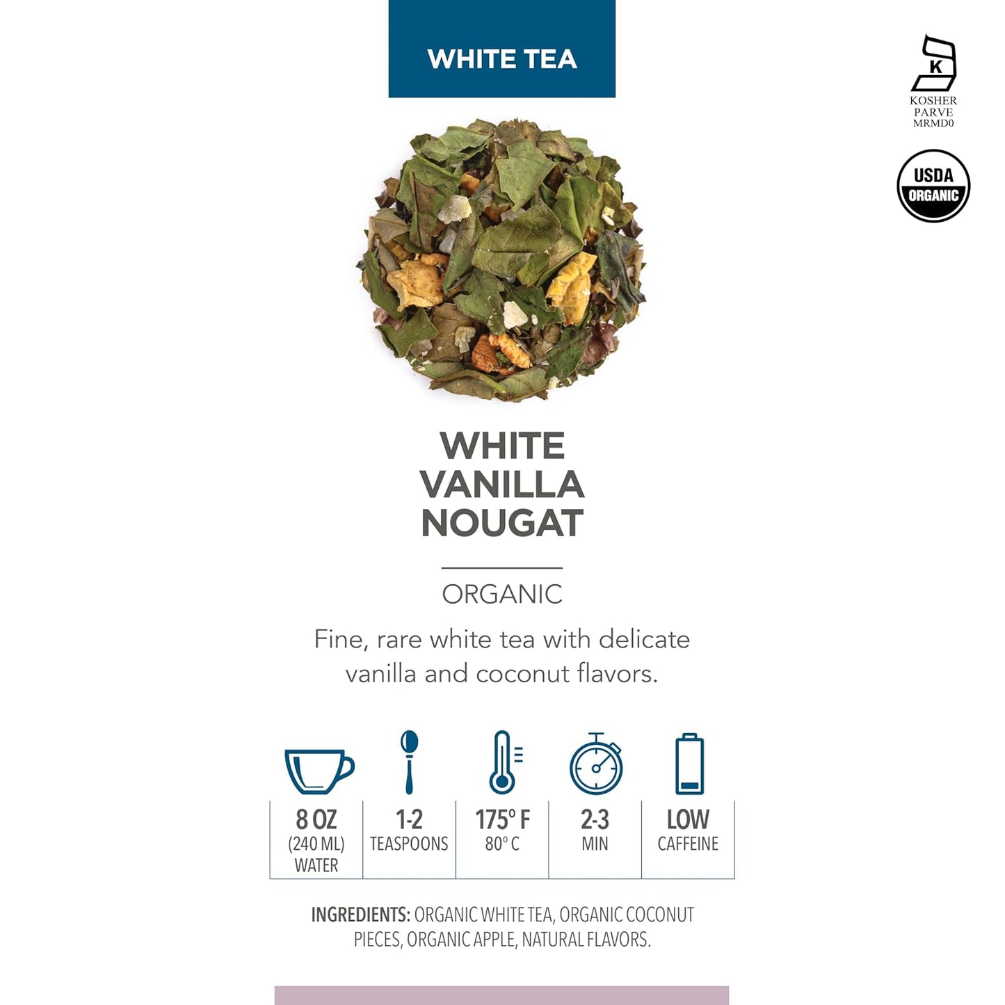 Teabloom Organic White Tea, White Vanilla Nougat Loose Leaf Tea, Sweet and Satisfying with Vanilla and Coconut, USDA Certified Organic and Kosher Certified, 1.41 oz/40 g Canister Makes 35-50 Cups