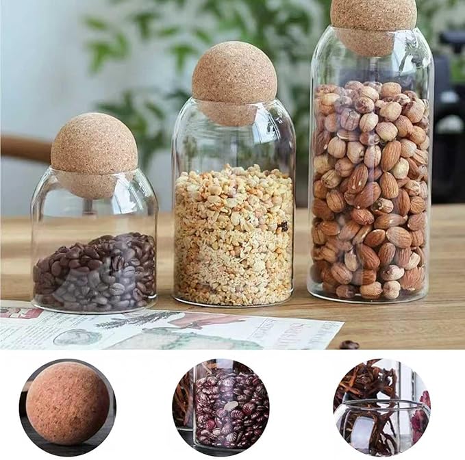 3 Pcs Glass Storage Jars with Ball Cork Lids – Clear Glass Canisters with Wooden Clips, Labels & Marker