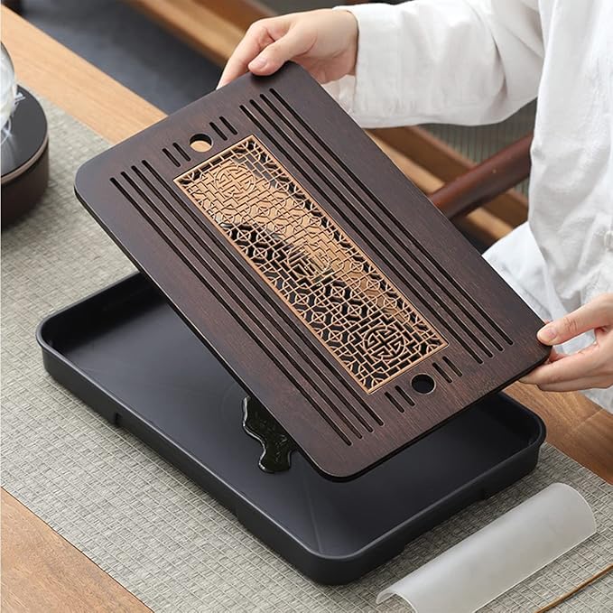 Bamboo Kungfu Tea Set - 14 * 10 inch Serving Tray with Drain & Store Water for Coffee Table & Living Room