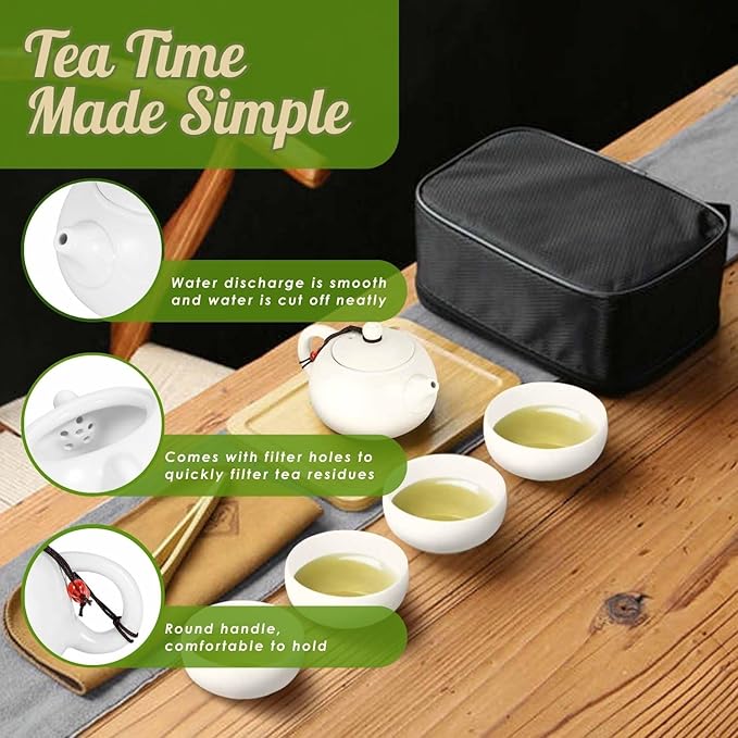 Flexzion Chinese Japanese Vintage Kungfu Gongfu Tea Set Portable Travel Teapot, White Porcelain Porcelain Ceramic Tea Pot, 4 Tea Cup, Bamboo Tea Tray