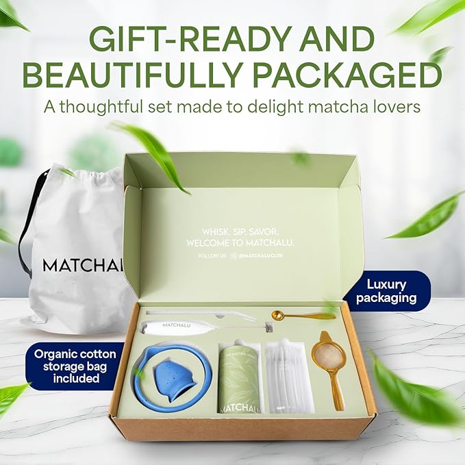 Matcha Whisk Set With Ceramic Matcha Bowl, Bamboo Whisk & Holder, Stainless Steel Spoon & Sifter, Glass Cup & Straw, Electric Frother, Storage Bag - Gift for Matcha Lovers (Premium 9-Piece Set Blue)