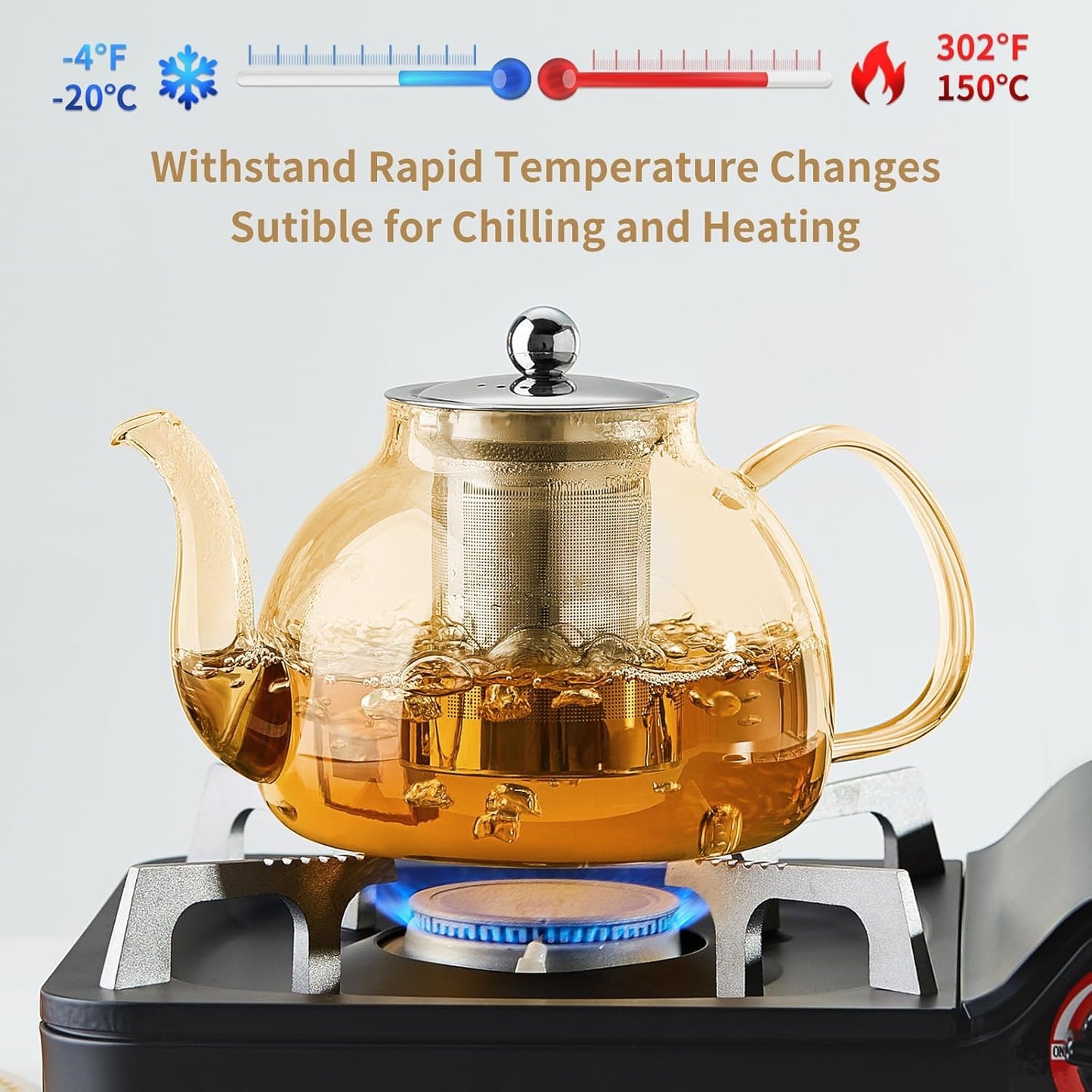 DOPUDO Glass Teapot with Infuser, 40 oz Borosilicate Tea Kettle | Clear borosilicate glass with removable 18/8 steel infuser for stovetop brewing of loose-leaf, herbal, and blooming tea.
