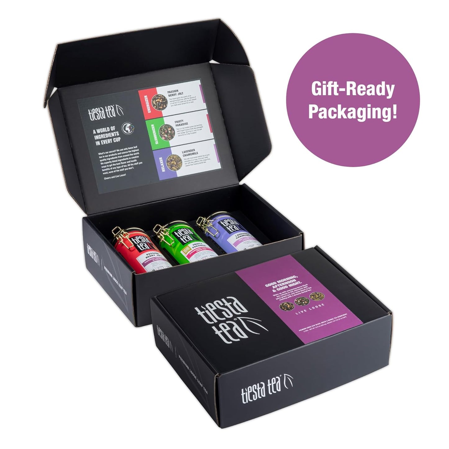 Tiesta Tea - Loose Leaf Tea Tin Gift Box, High to Non-Caffeinated Assorted Blends, 3 Tins for Hot & Iced Brews Variety Pack, Passion Berry Jolt, Fruity Paradise, & Lavender Chamomile
